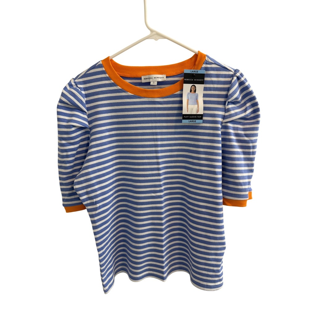 Rebecca Minkoff Puff Sleeve Top Blue White Striped Orange Trim Ribbed Large NWT